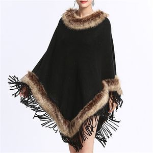 Escritório negro elegante Cabo Pullover Fox Fur Tassel Cabo Mulheres Inverno Malha Solto Cloak Boho Poncho Capes Capas Sweater Casaco 201210