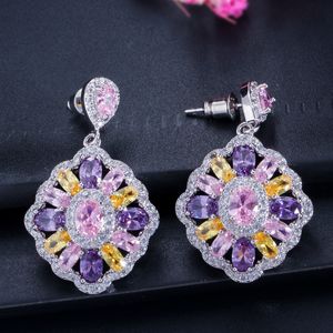 Orecchini vintage in argento con ciondolo lungo di design colorato rosso verde blu bianco viola AAA zirconi cubici in rame orecchini di diamanti di lusso per le donne regalo di nozze sposa