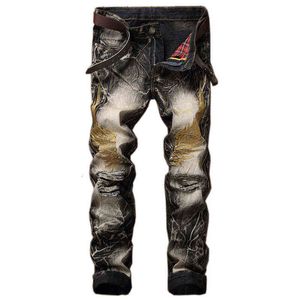 Mäns Jeans European American Style Fashion Brand Pants Män Slim Zipper Letter Straight Gentleman Black Hole Hip Hop Byxor