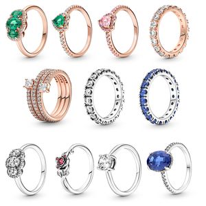 Gioielli firmati 925 Anello nuziale in argento Pandora Pandora Anello con zaffiro Perlina Amore Cuore Blu Cubic Zirconia Diamanti Stile europeo Anelli Compleanno Donna Regalo