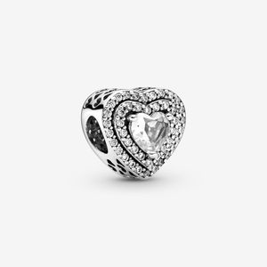 100% 925 Sterling Silver Sparkling Hearts Leveled Charms Fit Braccialetto di fascino europeo originale Moda Donna Accessori per gioielli di fidanzamento di nozze