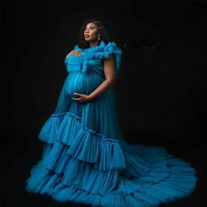 Chic Blue Ruffles Photo Strzelanie szaty Illusion Tulle Kobiety w ciąży Party Sleepwear do Prysznic Maternity Nightrobes Tanie
