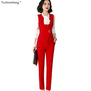 Elegante calça terno mulheres vermelhas slim sem mangas colete blazer e calças dois pedaços definidos para escritório senhoras trabalho wear 201030