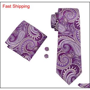 Classic Silk Mens Neckties Purple Tie Sets Paisley Mens Necktiestie Hanky Cufflinks Jacquard Woven Meeting Business Wedding Party 215A