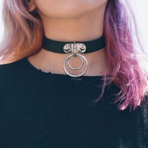 Metal dubbel O ring choker halsband justerbar läder choker halsband krage hals lett kvinnor mode smycken vilja och sandig