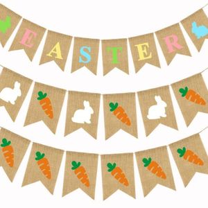 Easter Flags Linen Hanging Banner Colored Rabbit Carrots Pull Flag Home Decor Layout Easter Decorations Party Decoration zyy630