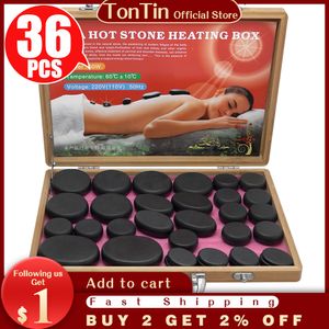 Tontin 36pcs / set massagem corporal pedra pedra quente com caixa de aquecimento de bambu aliviar a dor nas costas do estresse