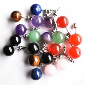 Natural stone mixed Stud Earrings Crystal Quartzs Round Ball Beads Silver Color Fashion Ear Jewlry for Women Girl 20pcs 220210