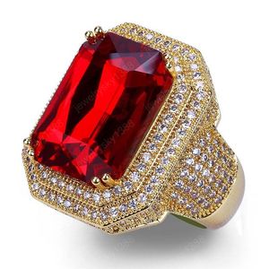 Plaqué Or Jaune Glacé Diamant Grand Rubis Anneau Hommes Hip Hop Bijoux Bling CZ Pierre Hiphop Or Anneaux Hommes Bijoux De Mariage