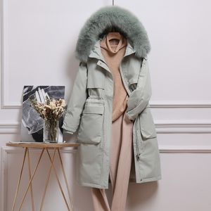Ftlzz inverno artificial pele encapuçado jaqueta longa 90% branco pato para baixo casaco grande bolso parkas solto casacos quente outwear de neve 201023