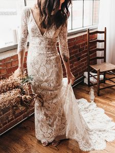 Romantic Full Lace Mermaid Wedding Dress Sexy V Neck Backless Bohemian Bridal Gowns 3/4 Long Sleeve Country Bride Dresses Photoshoot 2022 Spring Vestidos De Novia