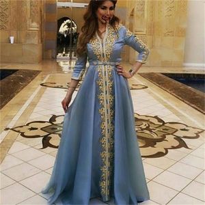 Złote Koronkowe Aplikacje Marokańskie Kaftan Evening Dresseese 3/4 Długie Rękawy Saudyjska Arabska Prom Suknie Muzułmańska Szyfonowa Sukienka