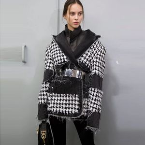 أحدث مصمم أنيق السترة المرأة الدنيم المرقعة شرابة مهدب houndstooth tweed سترة السترة مع حزام 201114