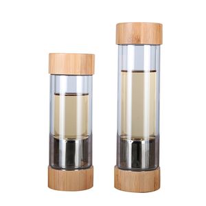 300ml / 400mlのガラスの水のボトル茶注入装置シェーカーダブル壁茶飲料水のための瓶詰め2つの口の竹ふたlx1282