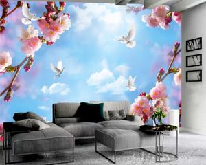 Papel de parede do céu 3d flor rosa pombo branco 3d papel de parede romântico paisagem decorativa seda clássico 3d papel de parede