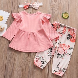 Осень новорожденного девочка одежда набор розовые топы цветочные печатные брюки оголовье милый младенческий малыш одежда 0 3 месяца наряды LJ201223