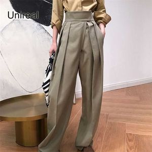 Unireal Höst Mode Kvinnor Breda Byxor Högt midja Casual Byxor Streetwear Chic Vintage Loose Palazzo Pants 211216