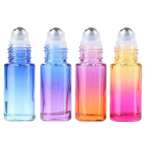 Freeship In Stock 5ml 10ml Gradient Glass Essential Oil Roller Bottle with Metal Ball and Aluminum Lid ,Glass Perfume oil Roll On Bottle Wholesale