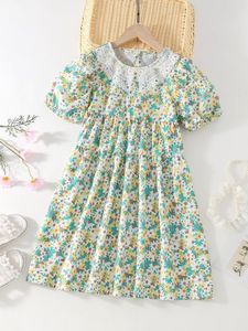 Girls Floral Print Guipure Lace Trim Puff Sleeve Dress She01