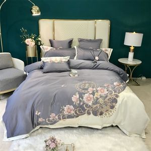 Satin Washed Silk Cotton Flowers Embroidery Bedding Set Double Duvet Cover Set Bed Linen Fitted Sheet Pillowcases Home Textile 201021