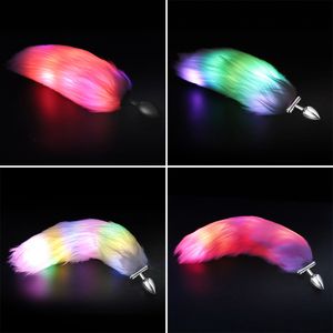 2 In 1 LED Light Luminous Foxs Tail Anal Plug Metal/Silicone Bright With Diamond Base Cosplay Slave Adult Games