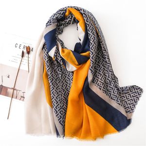 Intellectual Style Scarf Female Wild Temperament Yellow and Blue Letters Stitching Long Vacation Sunscreen Shawl Dual-use