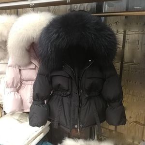 Piumino da donna Parka Grande giacca invernale con cappuccio in pelliccia di procione naturale Donna Cappotti corti in anatra bianca Cappotto da neve spesso e caldo con lacci11