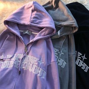 Letters Print Sweatshirt Y2k Zip-up Hoodie Hip Hop Streetwear Kawaii Harajuku Grunge E-girl Outwear Pink Tops 220207