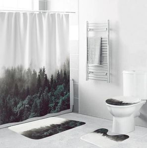 高品質のミストの森の木の模様の布のシャワーのカーテンの浴室のカーテン滑り止め敷物カーペットトイレのフランネルバスマットSet1
