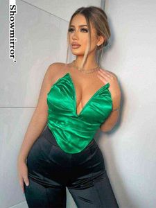 ShowMirror Fashion Satin Ruched Crop Top dla kobiet Hot Summer Bez rękawów Bez Ramiączek Y2K Corset Topy Party Clubwear Ubrania Y220304