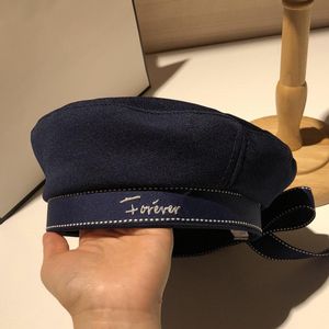 Autumn Winter Woman Hat Fashion Ribbon Bow Beret Letter Embroidery Winter Hats Vintage Male Beret French Hat Navy Cap