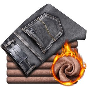 Inverno quente homens jeans jeans clássico estilo cinzento algodão regular fit estiramento denim grossos calças macho marca calças 201120