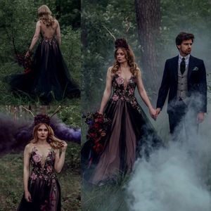 Gotik Siyah Çiçek Gelinlikler Dantel Nakış Tül A Çizgi Vintage Ülke Gelin Elbise Kolsuz Sheer Boyun Uzun Robes de Mariée Seksi Illusion Geri AL9964