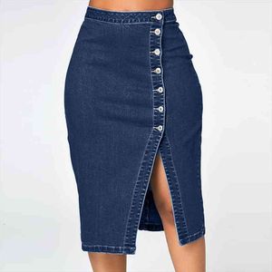 Fashion-Plus Size Denim Midi Skirt Summer Elastic High Waist Button Split Pencil Skirts Casual Daily Party Blue Jeans Skirt Jupe