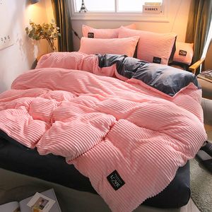 Winter Thicken Flannel Warm Duvet Cover High Quality Stripe Jacquard Solid Color Velvet Quilt Comforter Cover 4 Sizes LJ201015