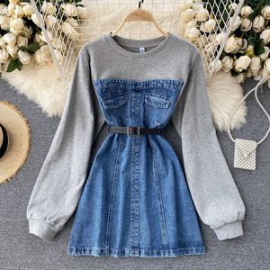 Women Hoodies Denim Dress 2022 New Fashion Long Sleeve Cotton Sweatshirt Patchwork Mini Jeans Dress with Belt