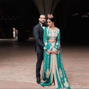 Elegancki haft Gold Lace Marokański Kaftan Długie Suknie Wieczorowe Pełne Rękawy 2021 Arabski Dubaj Muzułmańscy Islamskie Kobiety Prom Party Suknie