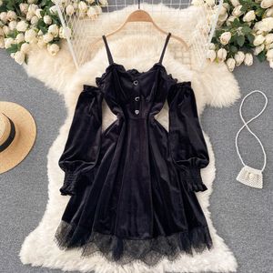 Mode kvinnor prinsessa svart mini klänning av axlar hög midja spets lapptäcke gotisk klänning koreansk parti vestidos 2022