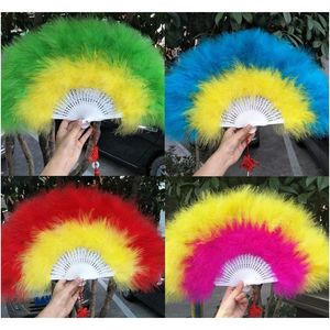 Party Decoration Color Thicken Fluffy Folding Marabou Feather Hand Fan Women Girls Dance Performance