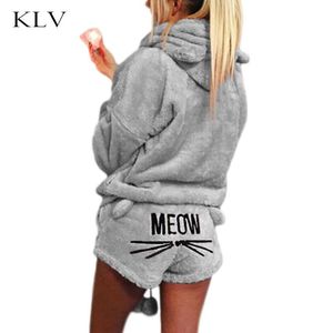 Kobiety Dziewczyny Zima Zagęścić Piżamy Zestaw Cute Kot Meow Haftowane Krótkie Spodnie Z Długim Rękawem Z Kapturem Uszy Bluza Ciepła Sleepwear Y200708