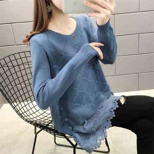 Lace Stitching Knitted Sweater Women Single-breasted Decorative Mid-length Loose Bottoming Pullover Jumpers Female Spring 201225