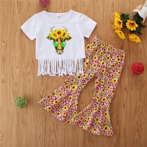 2021 Wiosna Kid Zestawy odzieżowe Krótki rękaw Tashel T-shirt Top + Słonecznik Printed Flare Spodnie 2 sztuk / zestawy Moda Boutique Girls Stroje M3160