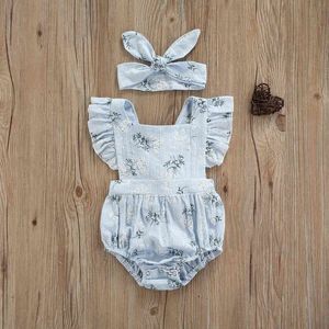 Infant Lace Romper + Bow Turban, Flower Print Elastic Sweet Style Little Princess Romper Outfit Summer Baby Girl Clothes G1221