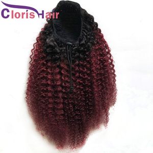 Vin Röd Ombre Afro Kinky Curly Drawstring Ponytail Malaysiska Virgin Human Hair Clip In Extensions Färgade 1B 99J Burgundy Ponytail för kvinnor