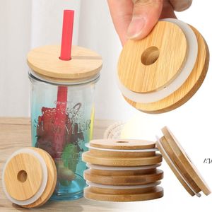 Eco amigável reutilizável bambu bambu tampa de copo largo copo frasco de pedreiro com furo de palha garrafas de armazenamento tampas de tampas anel de vedação zzf13857