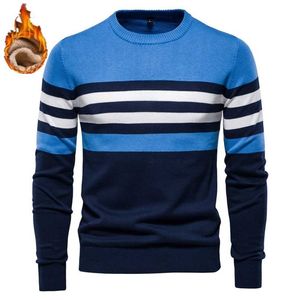 Айопесон плюс бархатные хлопковые свитера мужские повседневные полосатые тонкие подходят мужские пуловеры свитер зима теплые моды свитера для мужчин 211221