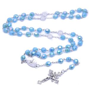 Rosario in plastica blu collana lunga croce religiosa gioielli