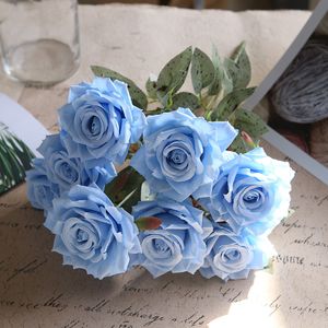 9 cabeças de seda rosas artificiais flores para decorações de jardim de casa azul rosa arranjo de flores de casamento decoração de fornecimento