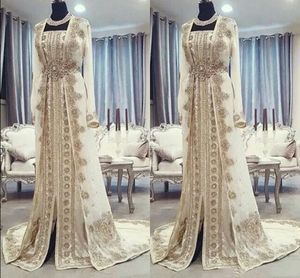 모로코 Caftan Kaftan Dresses Evening Wear Dubai Abaya Arabic Long Sleev Amazing Gold 자수 레이스 Applique 공식 경우 가운 PROM