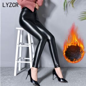 Inverno PU alta cintura fumaça de couro quente leggings para calças de veludo mulheres altas lj201104